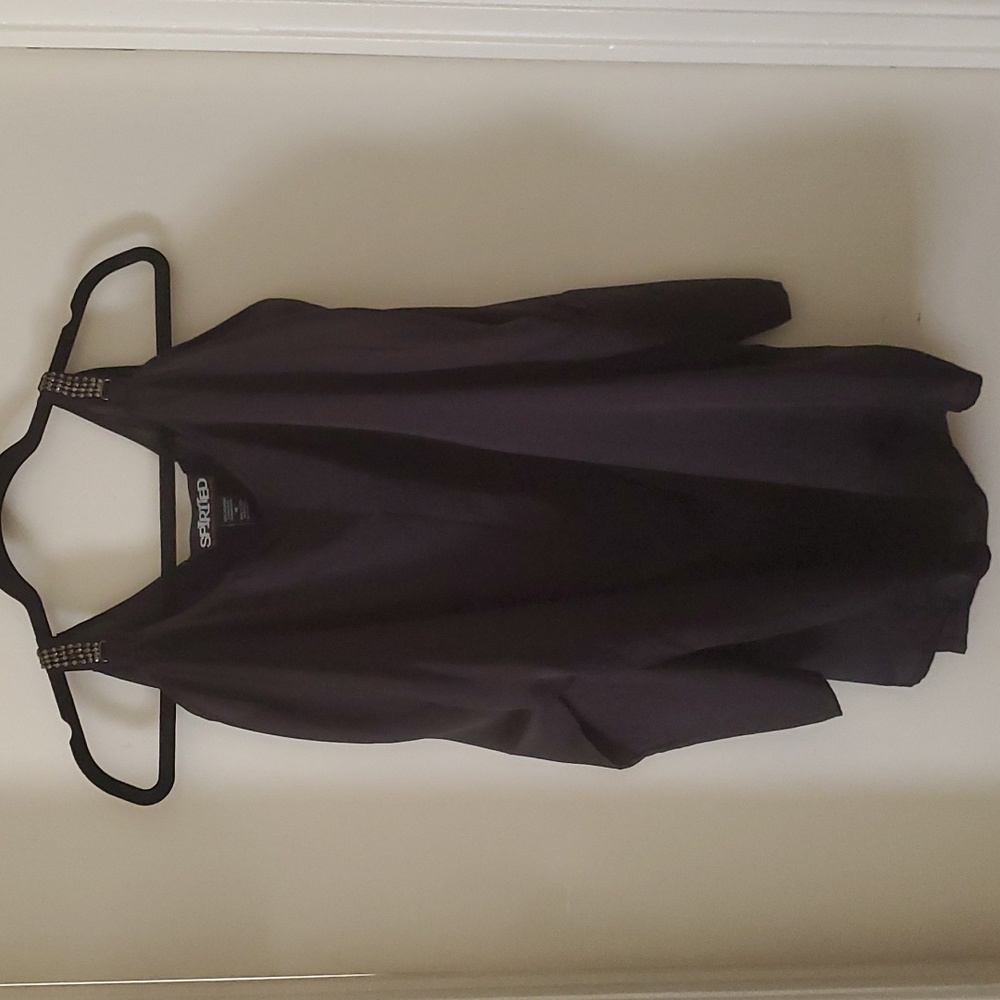 Spirited Randolph Duke Black 3/4 Sleeve Cold Shoulder Rhinestone Blouse.